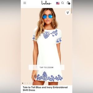 LULU’S “Tale to tell blue and ivory embroidered shift dress” | worn twice